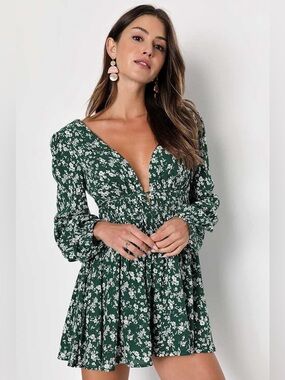 Lulu's Flirty Inclination Dark Green Floral Print Long Sleeve Romper